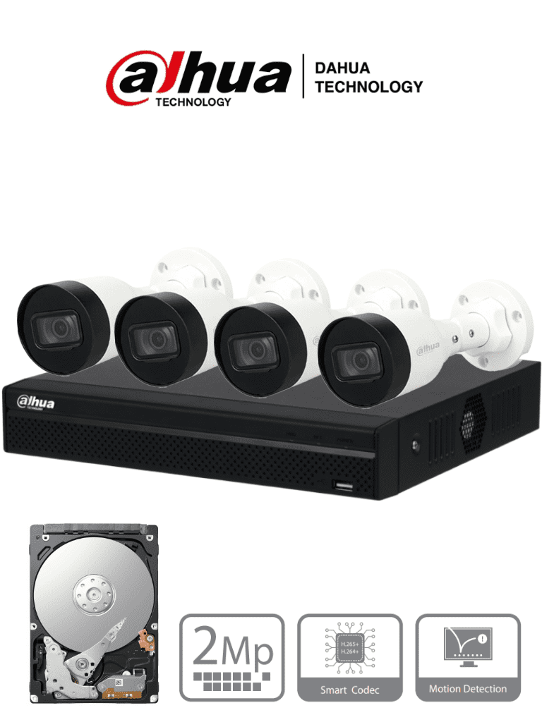 DAHUA KITNVR1104HS-P+4C1TB- Kit IP de 4 canales con NVR con 4 puertos PoE, 1TB de almacenamiento, y 4 cámaras bullet de 2MP con IR de 30 metros y clasificación IP67 para exteriores. Ideal para una vigilancia eficiente y robusta. DAHUA KITNVR1104HS-P+4C1TB- Kit IP de 4 canales con NVR con 4 puertos PoE, 1TB de almacenamiento, y 4 cámaras bullet de 2MP con IR de 30 metros y clasificación IP67 para exteriores. Ideal para una vigilancia eficiente y robusta.